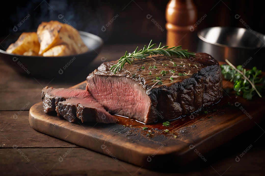 Bife grelhado suculento com ervas e especiarias na tábua rústica. Churrasco visão aproximada