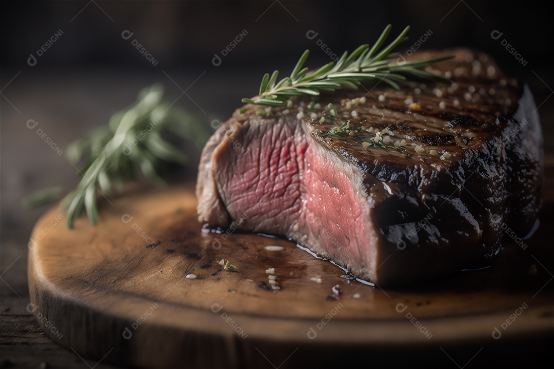 Bife grelhado suculento com ervas e especiarias na tábua rústica. Churrasco visão aproximada