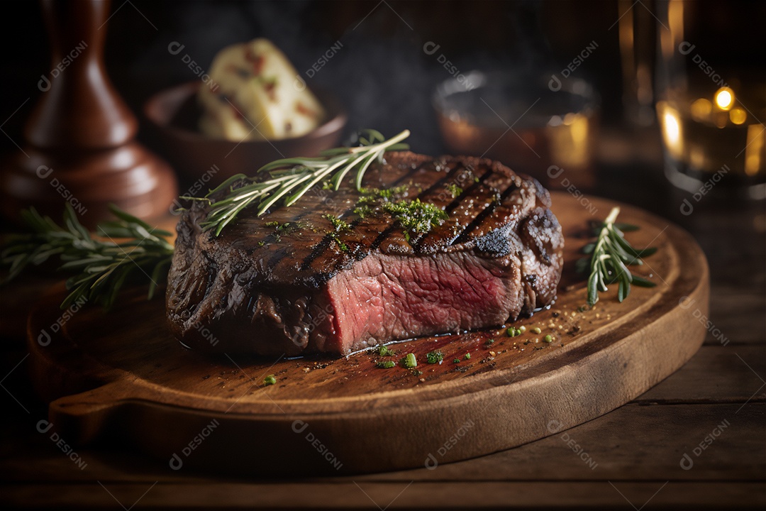 Bife grelhado suculento com ervas e especiarias na tábua rústica. Churrasco visão aproximada