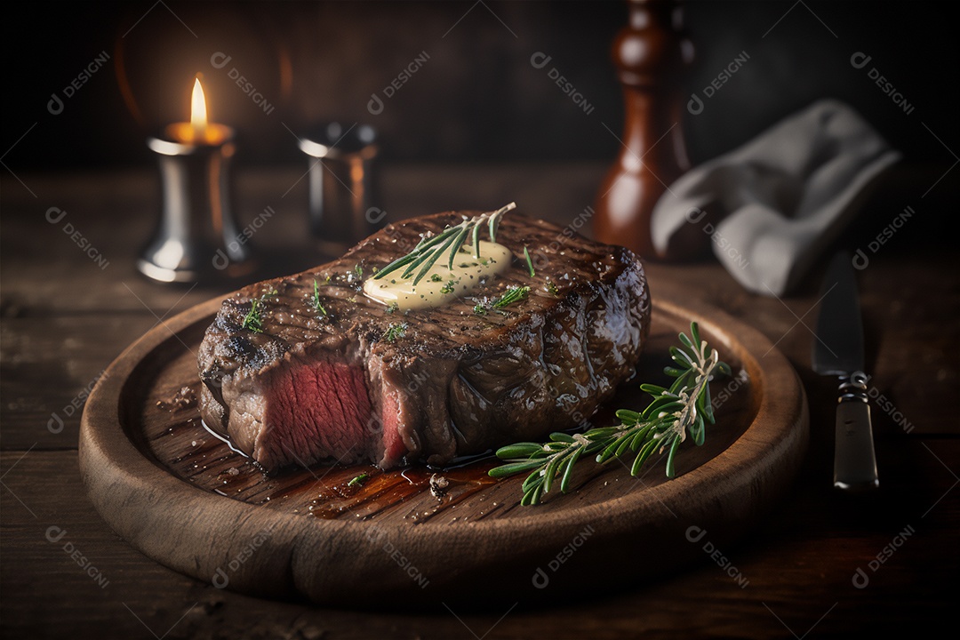 Bife grelhado suculento com ervas e especiarias na tábua rústica. Churrasco visão aproximada