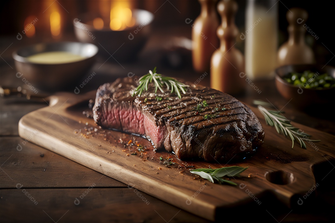Bife grelhado suculento com ervas e especiarias na tábua rústica. Churrasco visão aproximada