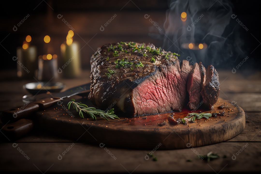 Bife grelhado suculento com ervas e especiarias na tábua rústica. Churrasco visão aproximada