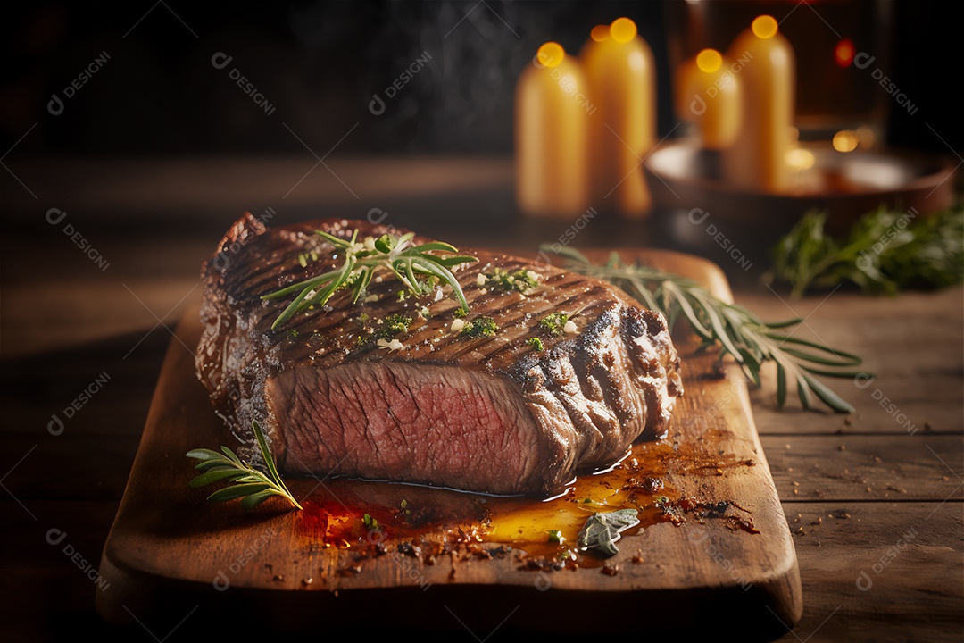 Bife grelhado suculento com ervas e especiarias na tábua rústica. Churrasco visão aproximada