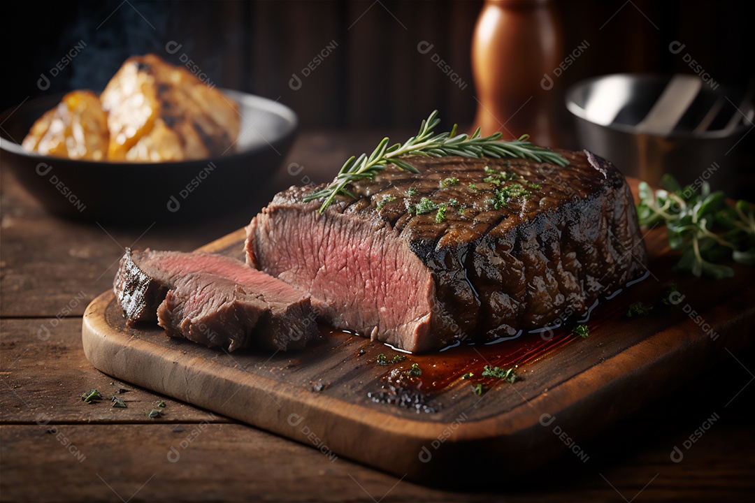 Bife grelhado suculento com ervas e especiarias na tábua rústica. Churrasco visão aproximada