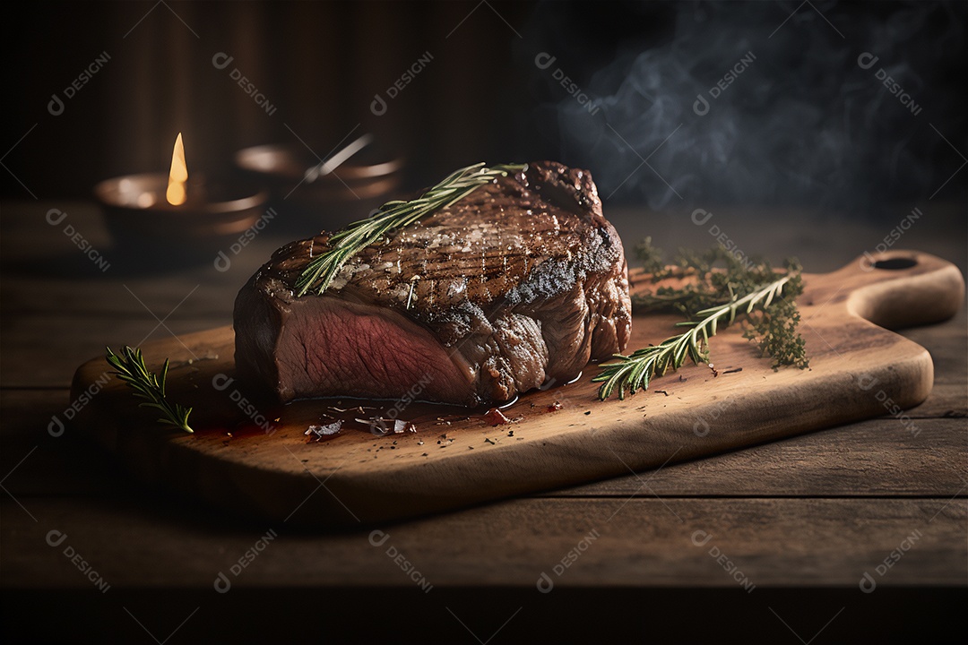 Bife grelhado suculento com ervas e especiarias na tábua rústica. Churrasco visão aproximada