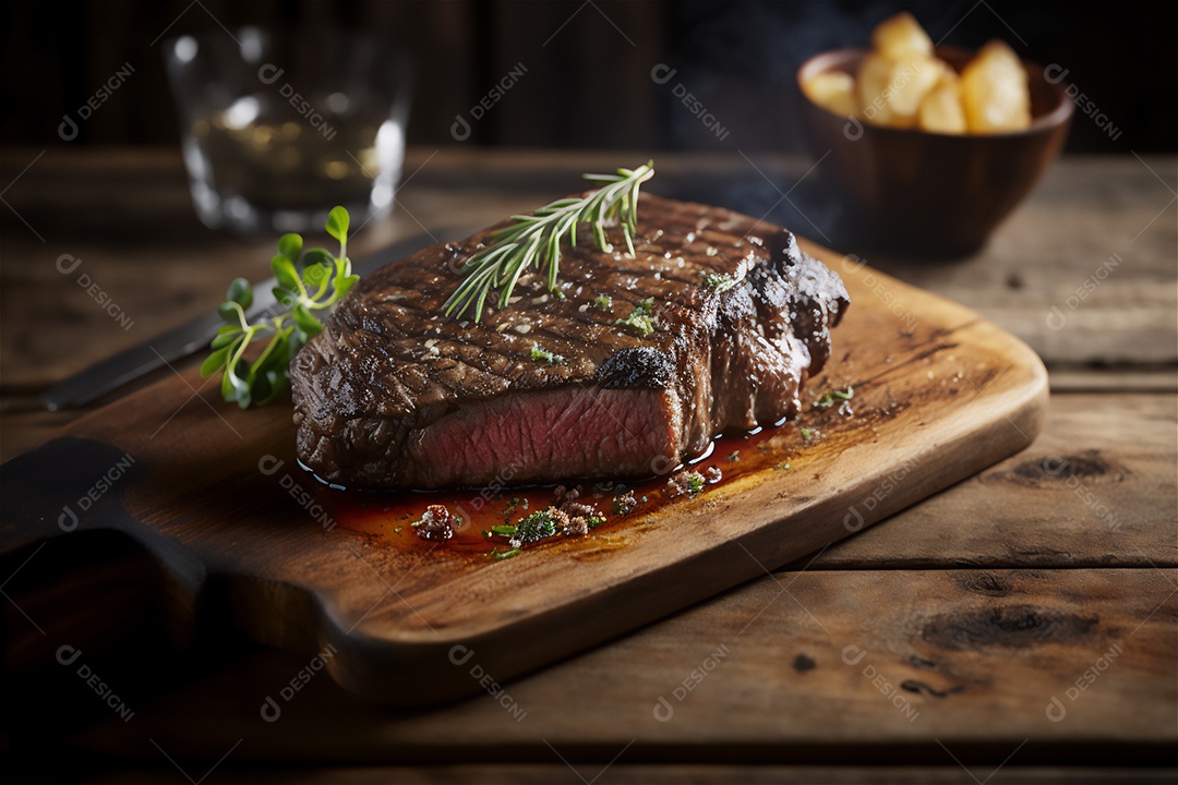 Bife grelhado suculento com ervas e especiarias na tábua rústica. Churrasco visão aproximada