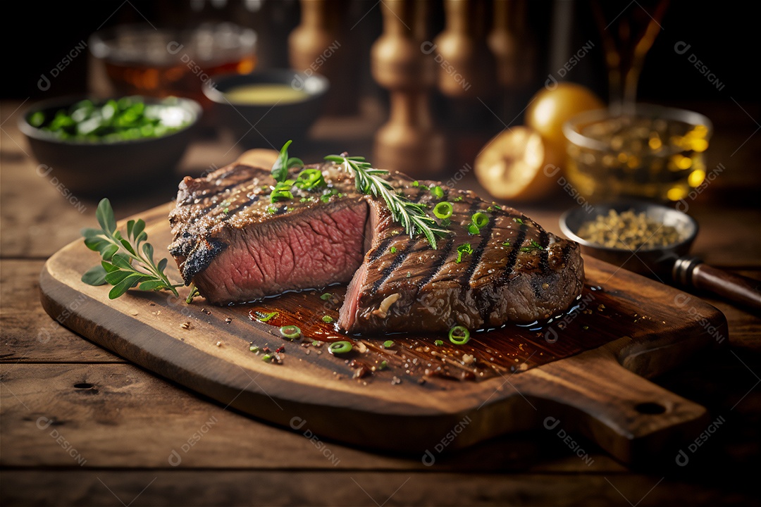 Bife grelhado suculento com ervas e especiarias na tábua rústica. Churrasco visão aproximada