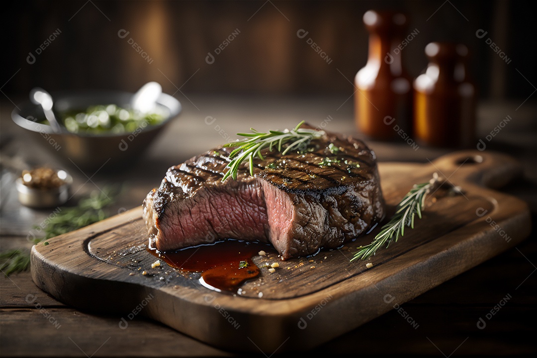 Bife grelhado suculento com ervas e especiarias na tábua rústica. Churrasco visão aproximada