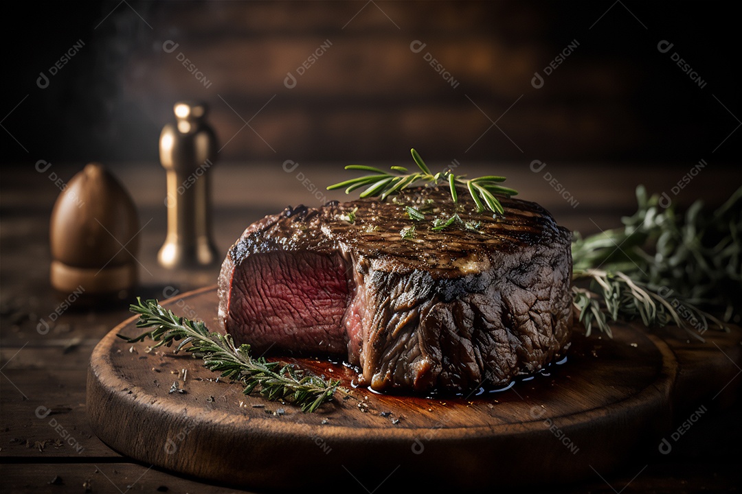 Bife grelhado suculento com ervas e especiarias na tábua rústica. Churrasco visão aproximada
