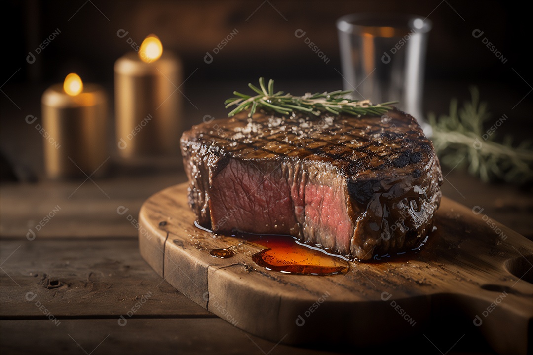 Bife grelhado suculento com ervas e especiarias na tábua rústica. Churrasco visão aproximada