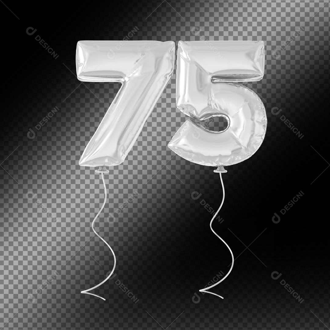 Balão De Festa Prata De Número 75 Fundo Preto Elemento 3D Para composição PSD