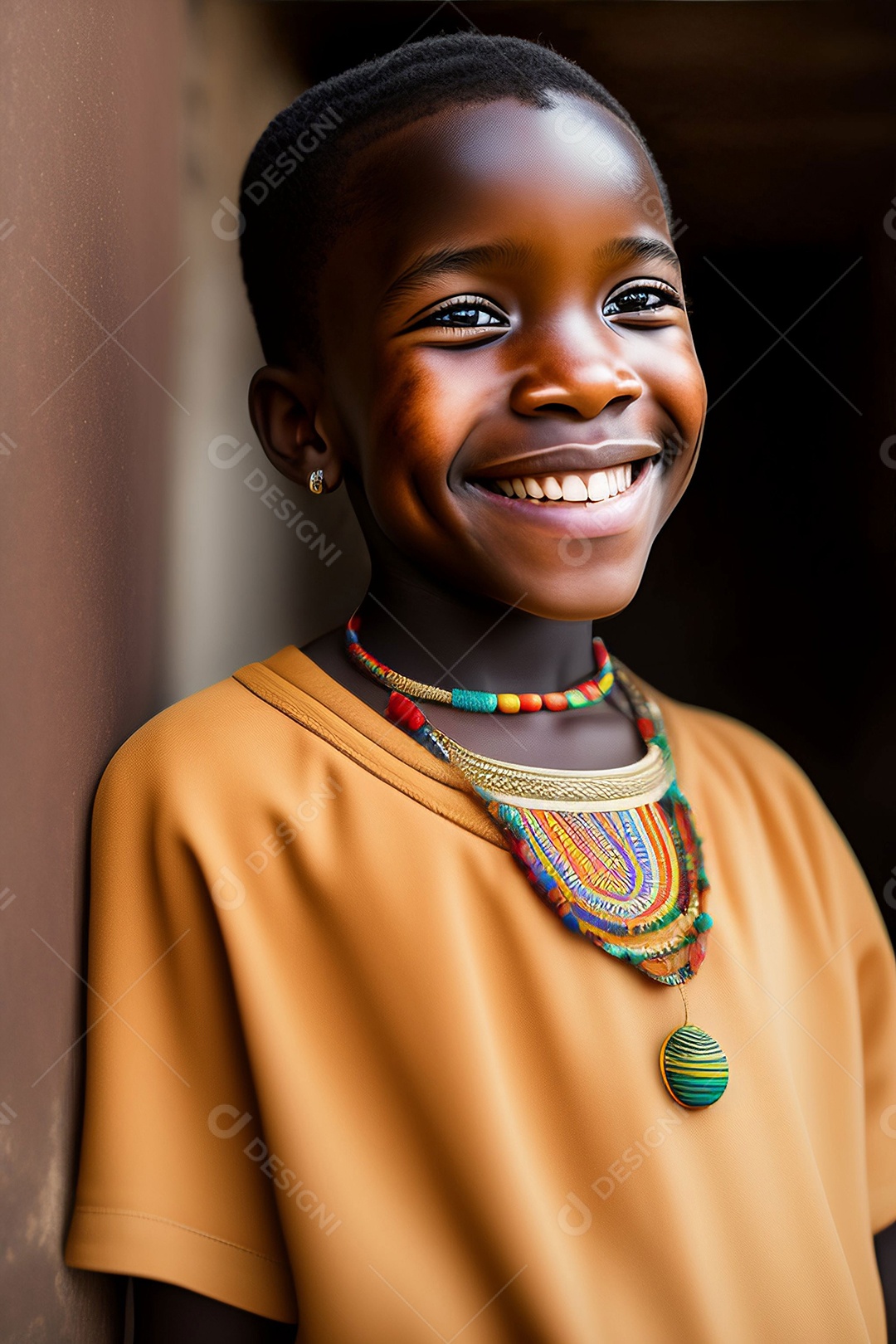 Criança africana sorridente posando ao lado da parede