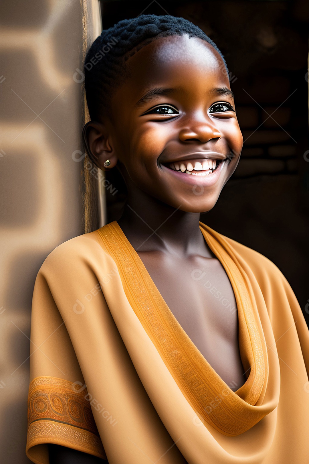 Criança africana sorridente posando ao lado da parede