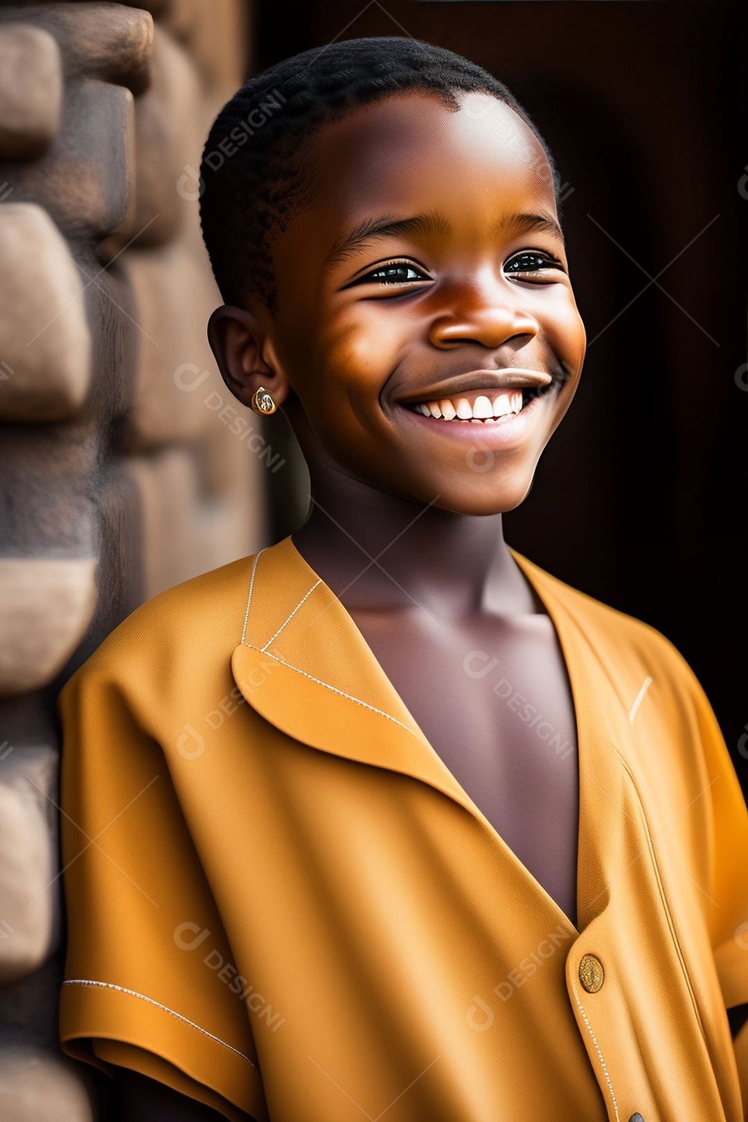 Criança africana sorridente posando ao lado da parede