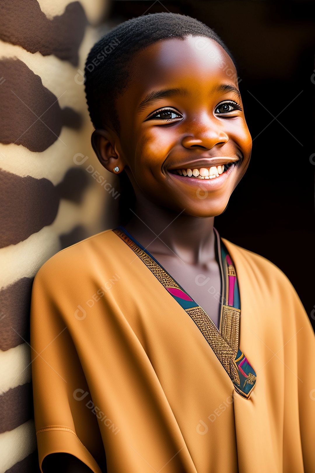 Criança africana sorridente posando ao lado da parede