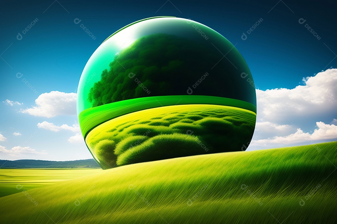 Um globo de grama verde no céu azul