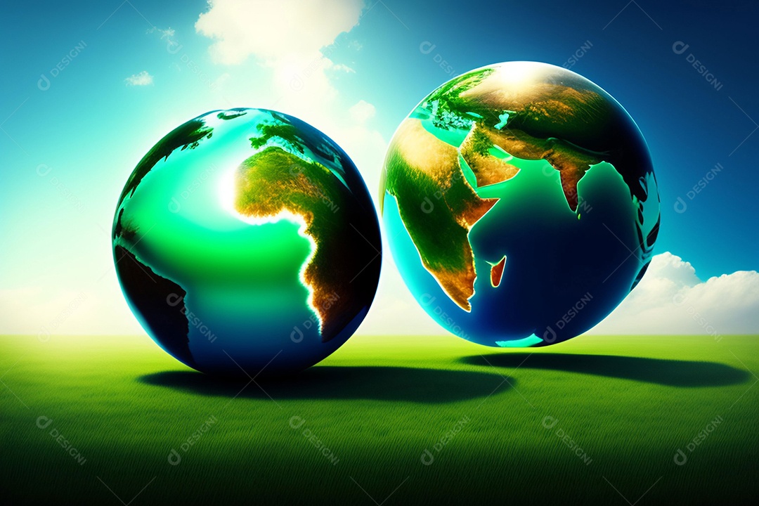 Um globo de grama verde no céu azul