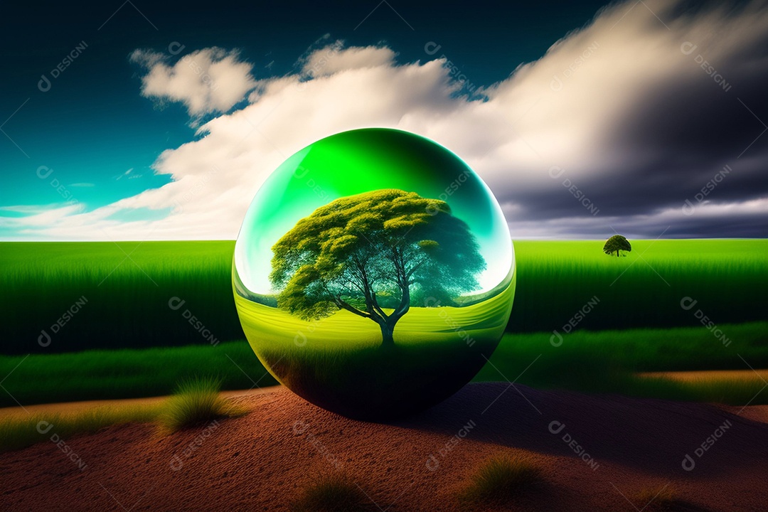 Um globo de grama verde no céu azul