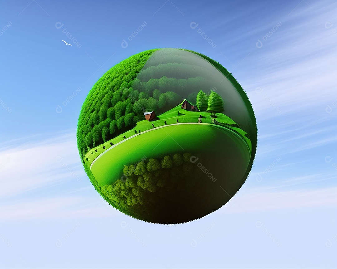 Um globo de grama verde no céu azul