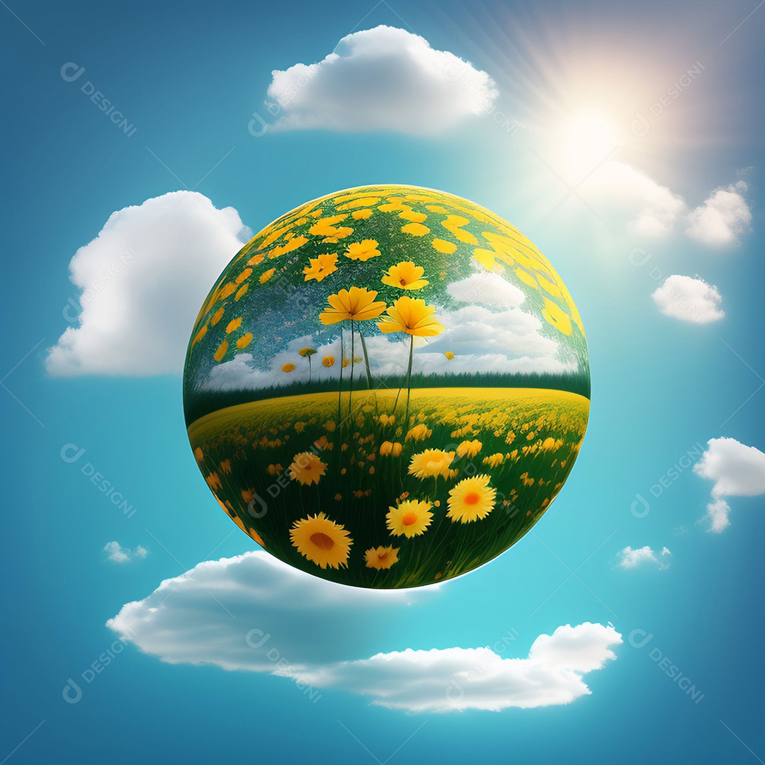 Globo de botões de ouro e margaridas no céu azul com nuvens circulando