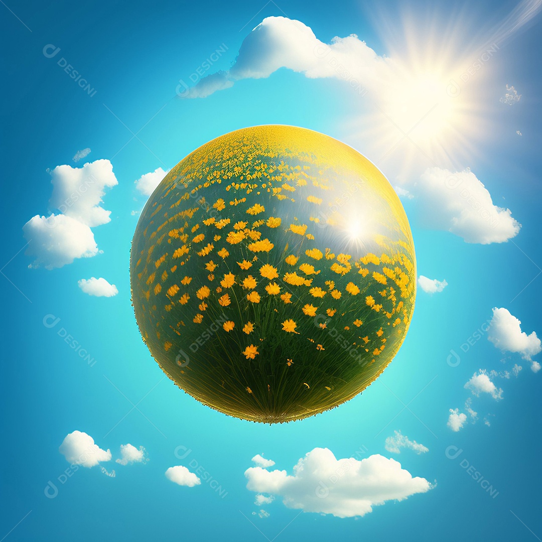 Globo de botões de ouro e margaridas no céu azul com nuvens circulando