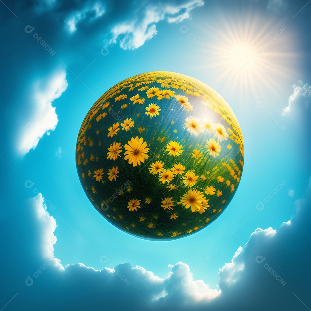 Globo de botões de ouro e margaridas no céu azul com nuvens circulando