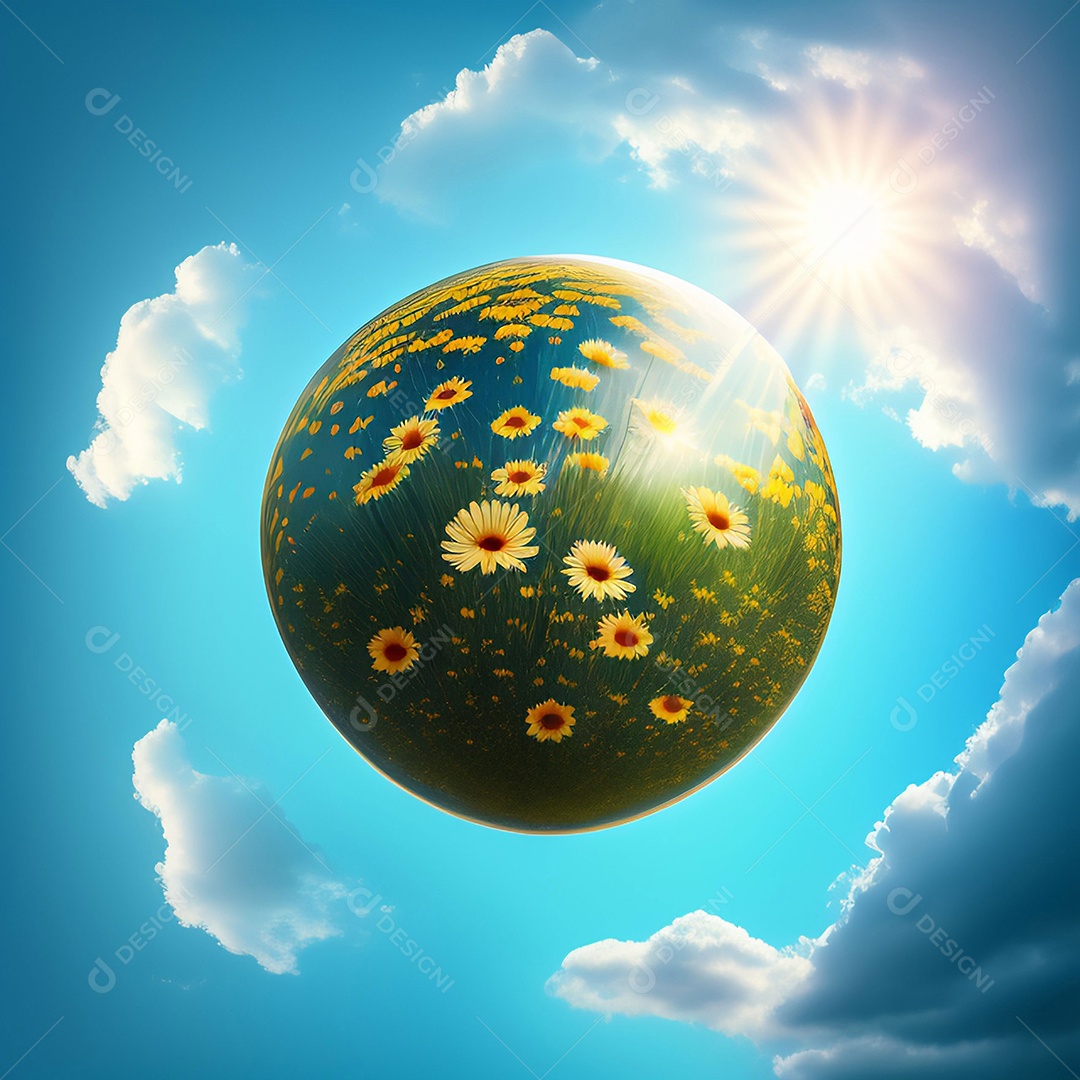 Globo de botões de ouro e margaridas no céu azul com nuvens circulando