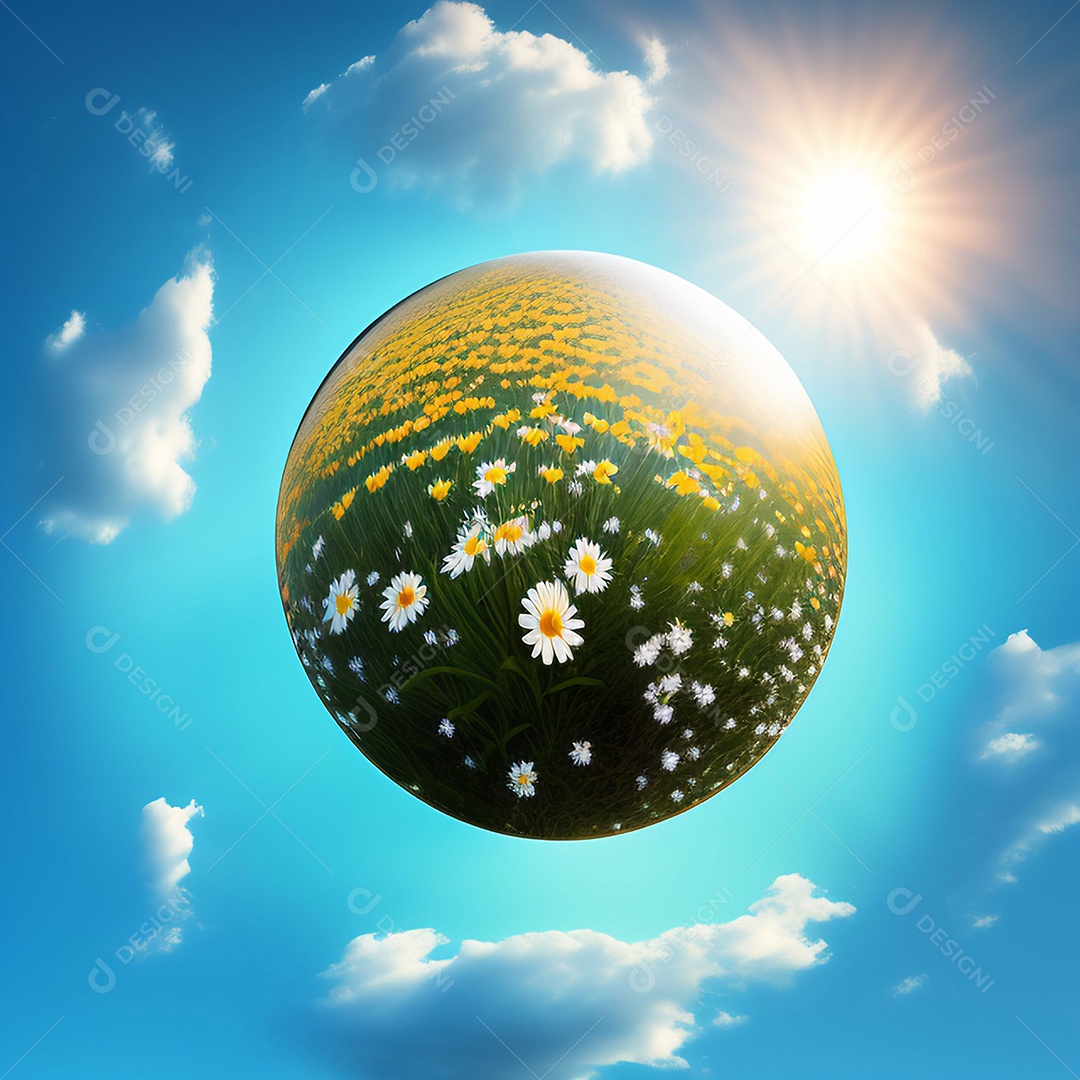 Globo de botões de ouro e margaridas no céu azul com nuvens circulando