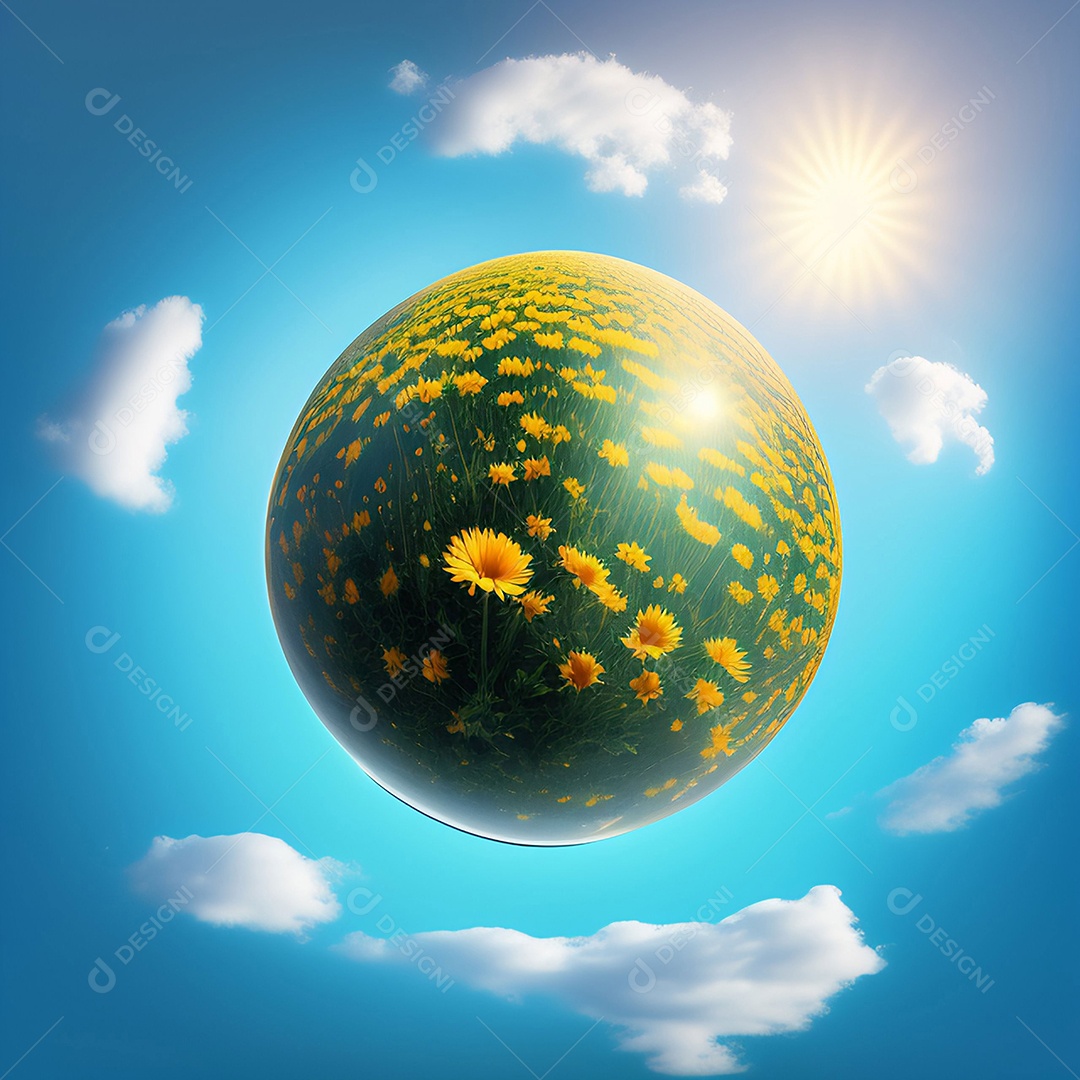 Globo de botões de ouro e margaridas no céu azul com nuvens circulando