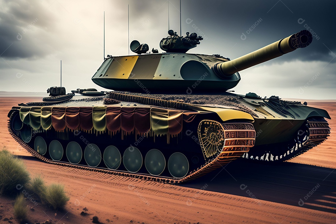 Paisagem de guerra e conflito com tanque e borrão