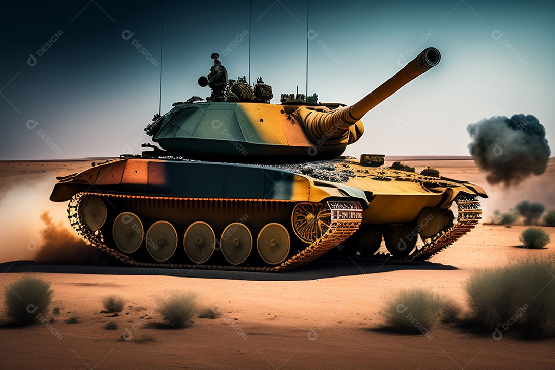 Paisagem de guerra e conflito com tanque e borrão