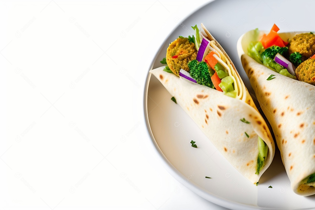 Wrap de tortilla com falafel e legumes isolados