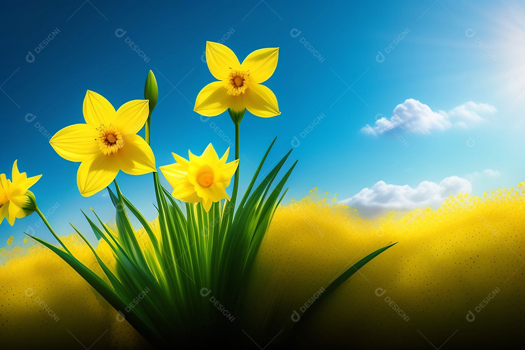 A primavera floresce narcisos amarelos no fundo do céu azul