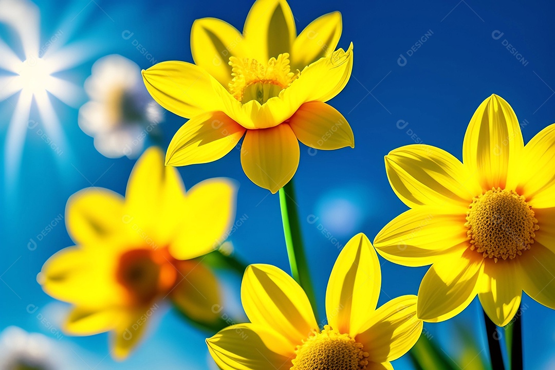 A primavera floresce narcisos amarelos no fundo do céu azul
