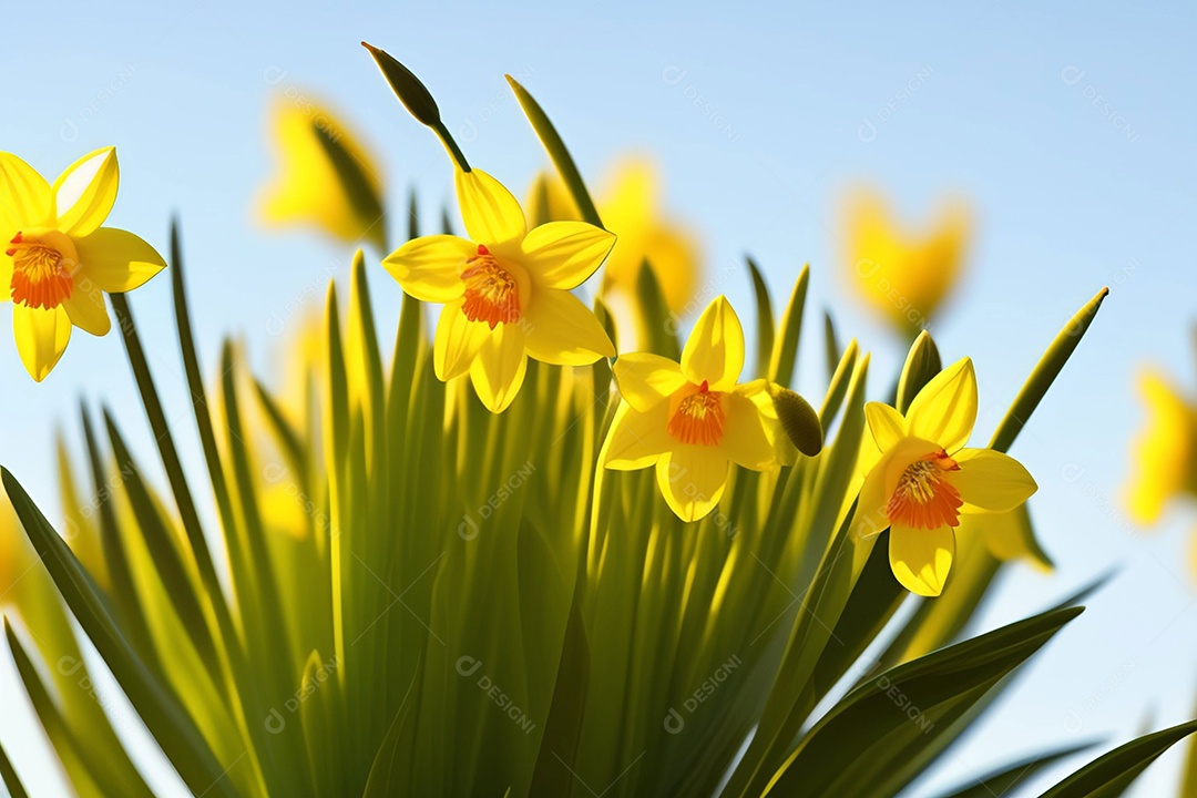 A primavera floresce narcisos amarelos no fundo do céu azul
