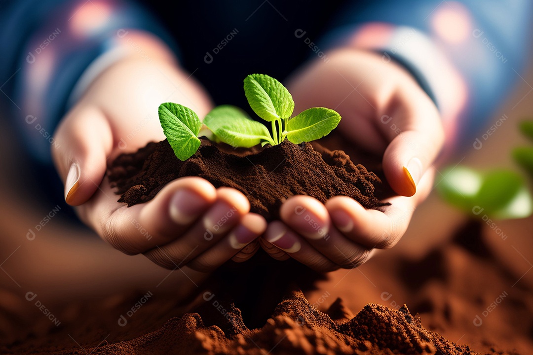 Mãos masculinas segurando planta