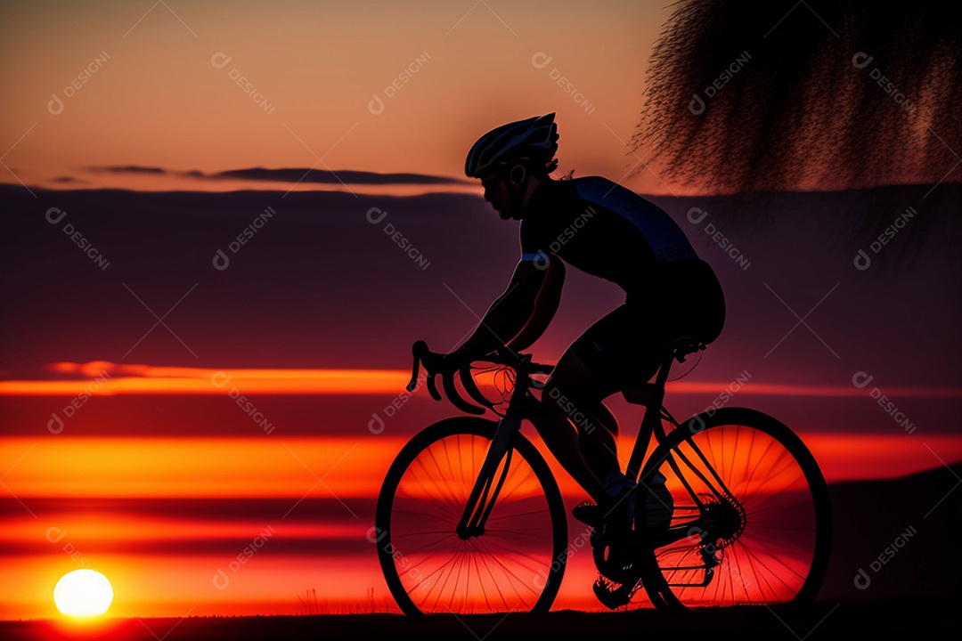 Ciclista descansando silhueta ao pôr do sol