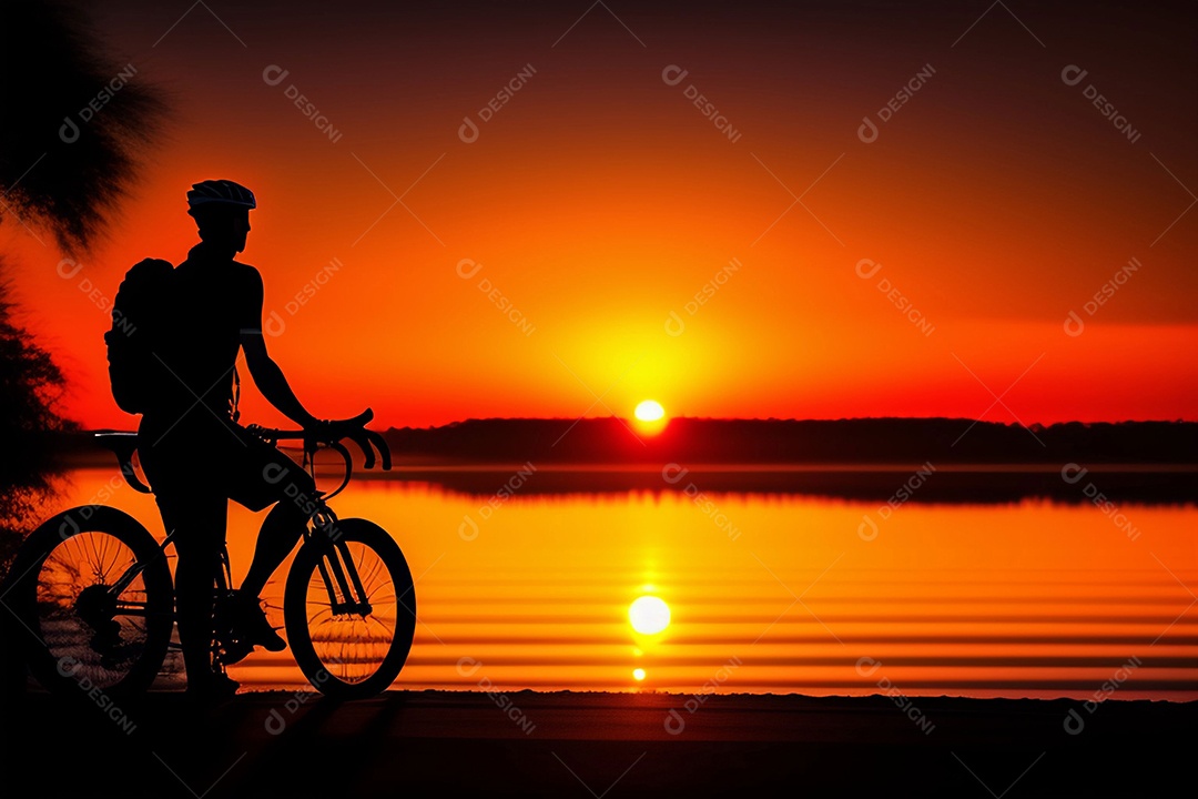 Ciclista descansando silhueta ao pôr do sol