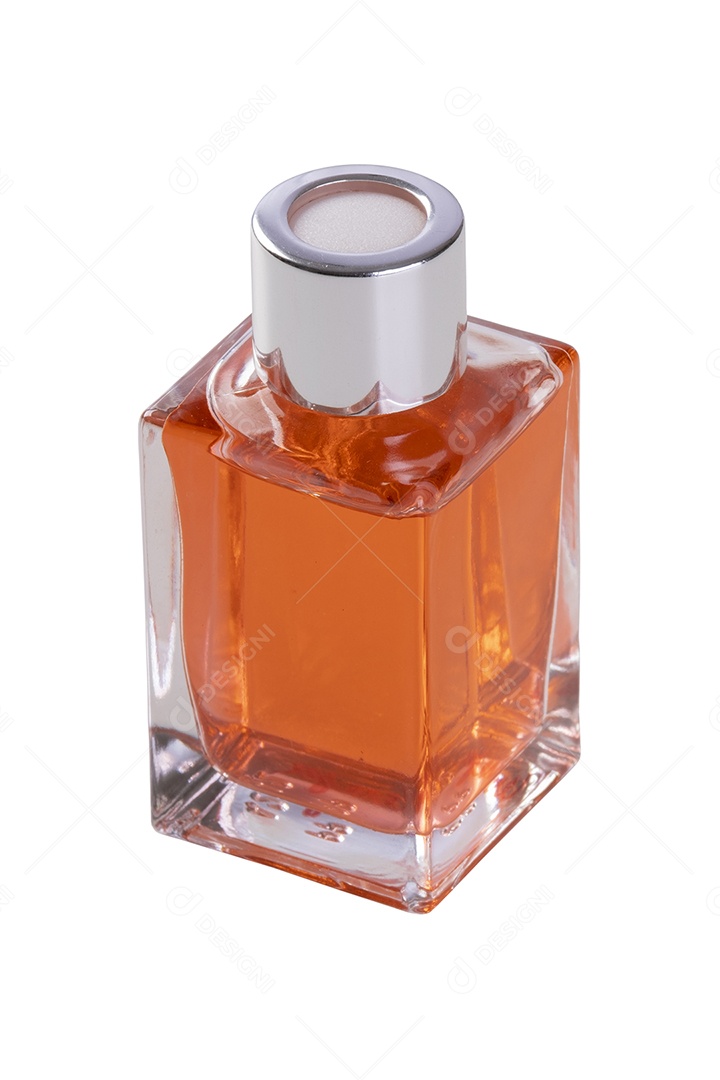 Frasco de vidro contendo essência perfumada de laranja em fundo branco