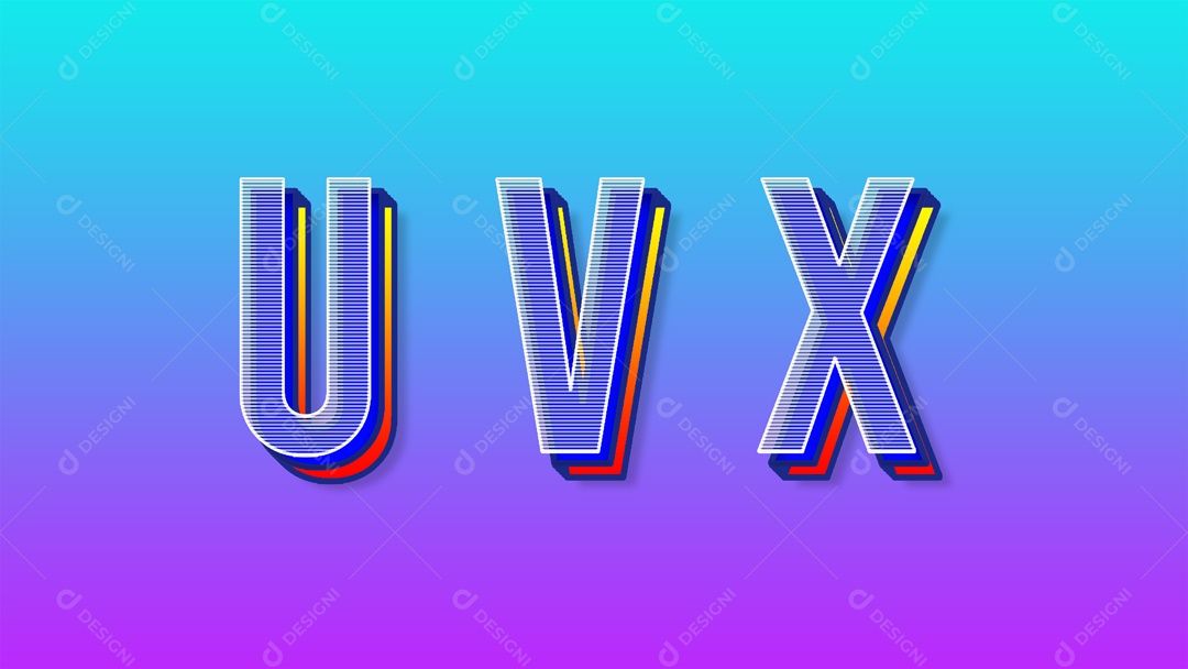 Letras U, V, X, Alfabeto Elementos PSD Efeito de texto moderno e colorido