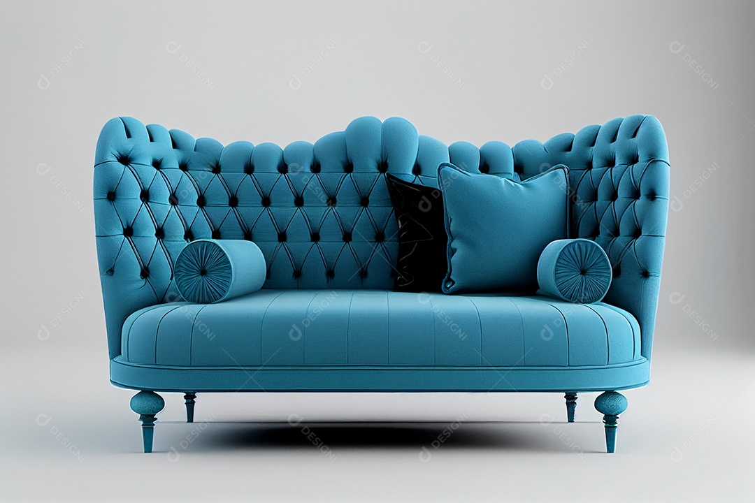 Belo sofá azul confortavel sobre fundo branco gerado por IA