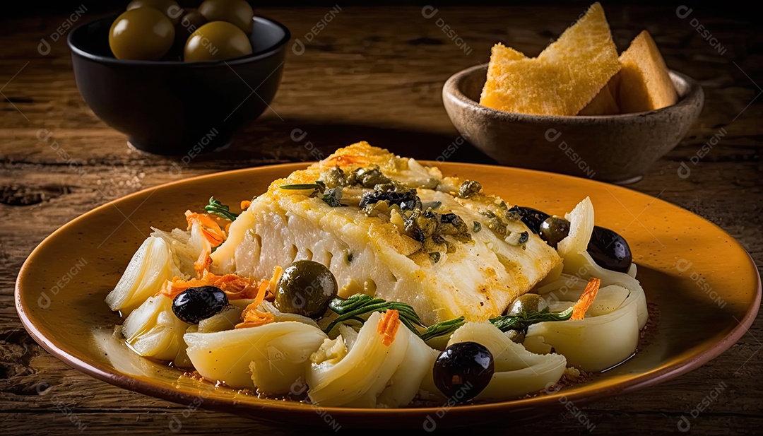 Ilustração de bacalhoada portuguesa.