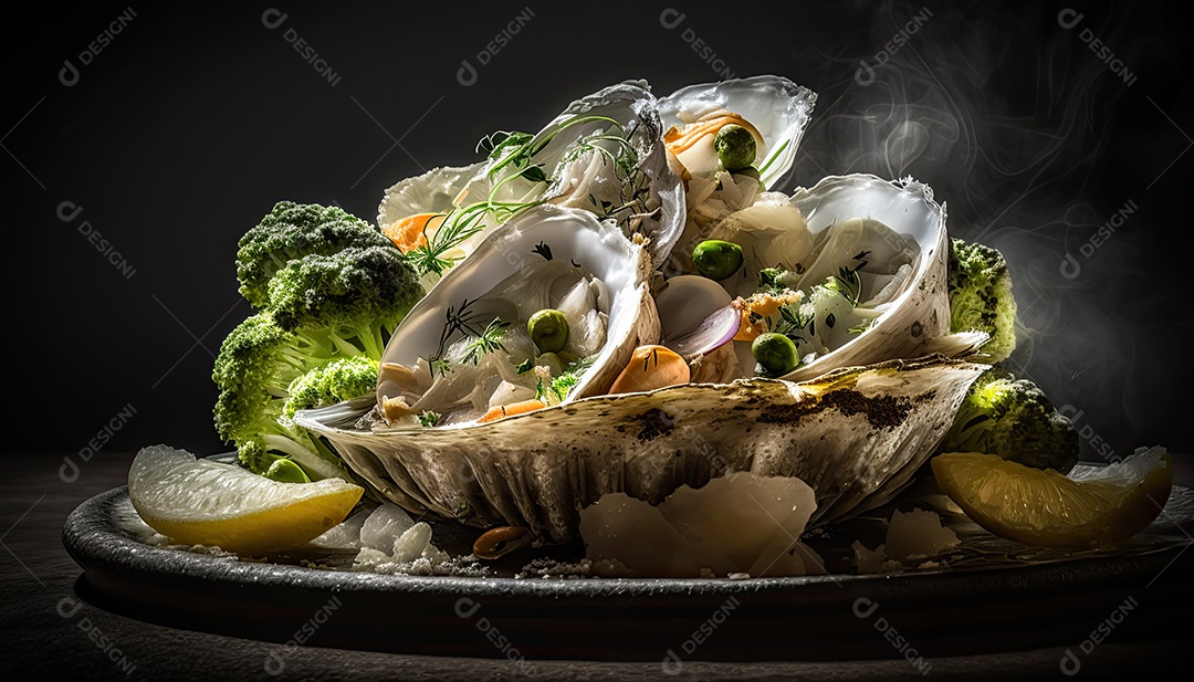 Ilustração sobre prato de ostras.