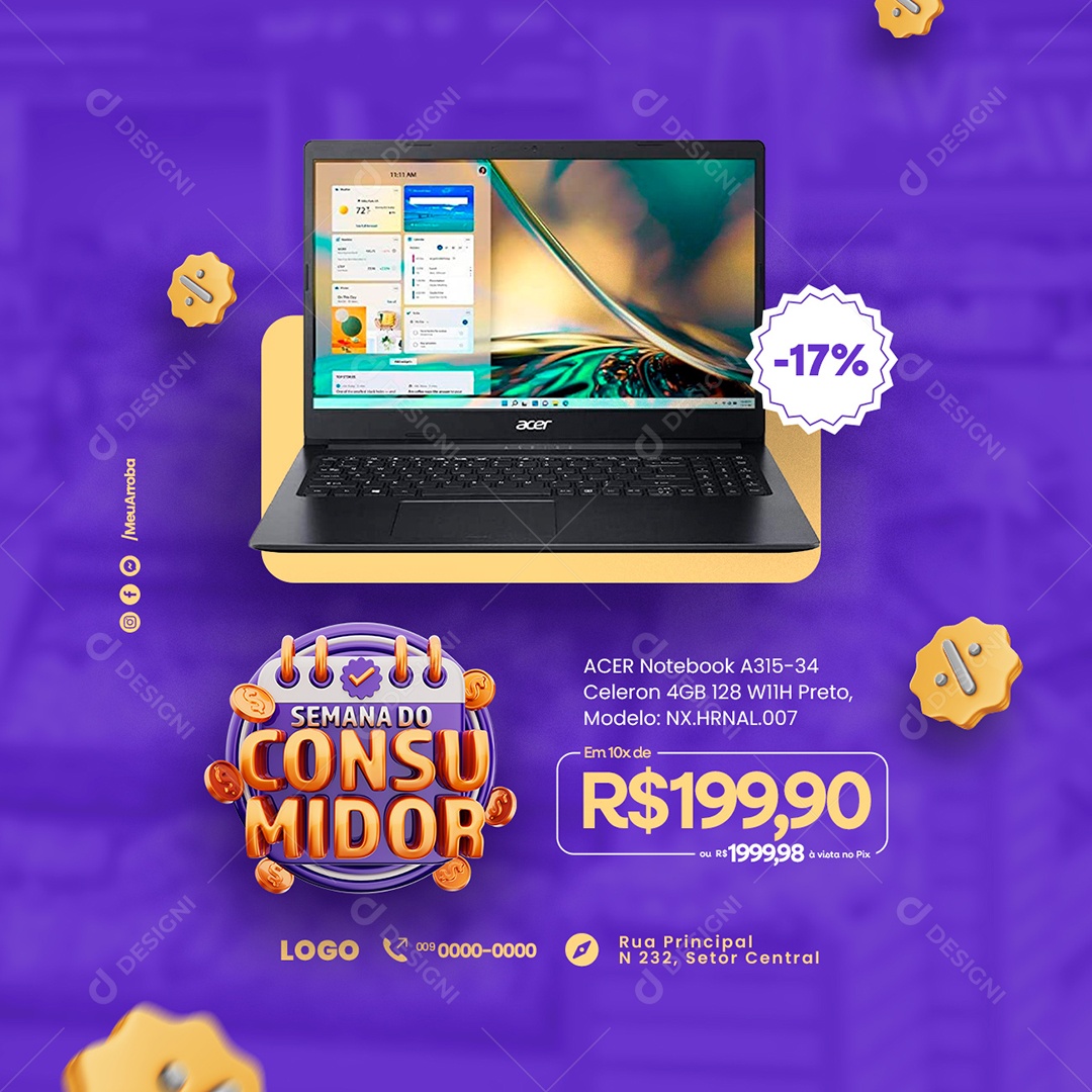 Campanha Publicitária Dia Do Consumidor Acer Notebook 199,90 Social Media PSD Editável