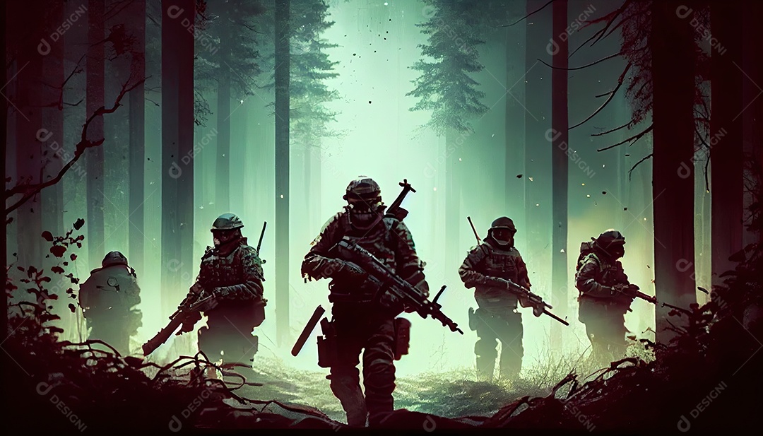 Um grupo de soldados do exército lutando com armas e defendendo seu país na floresta Memorial Dia, lembrando os soldados caídos em todo o mundo