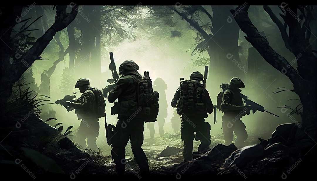 Um grupo de soldados do exército lutando com armas e defendendo seu país na floresta Memorial Dia, lembrando os soldados caídos em todo o mundo