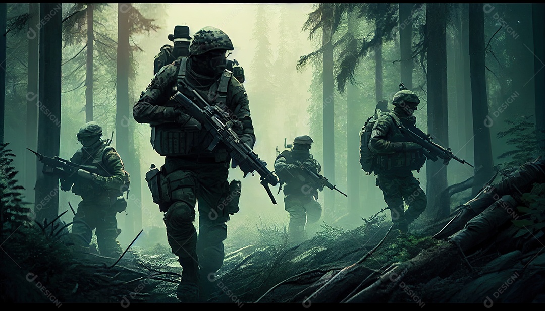 Um grupo de soldados do exército lutando com armas e defendendo seu país na floresta Memorial Dia, lembrando os soldados caídos em todo o mundo