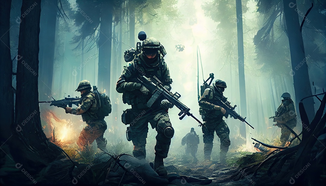 Um grupo de soldados do exército lutando com armas e defendendo seu país na floresta Memorial Dia, lembrando os soldados caídos em todo o mundo