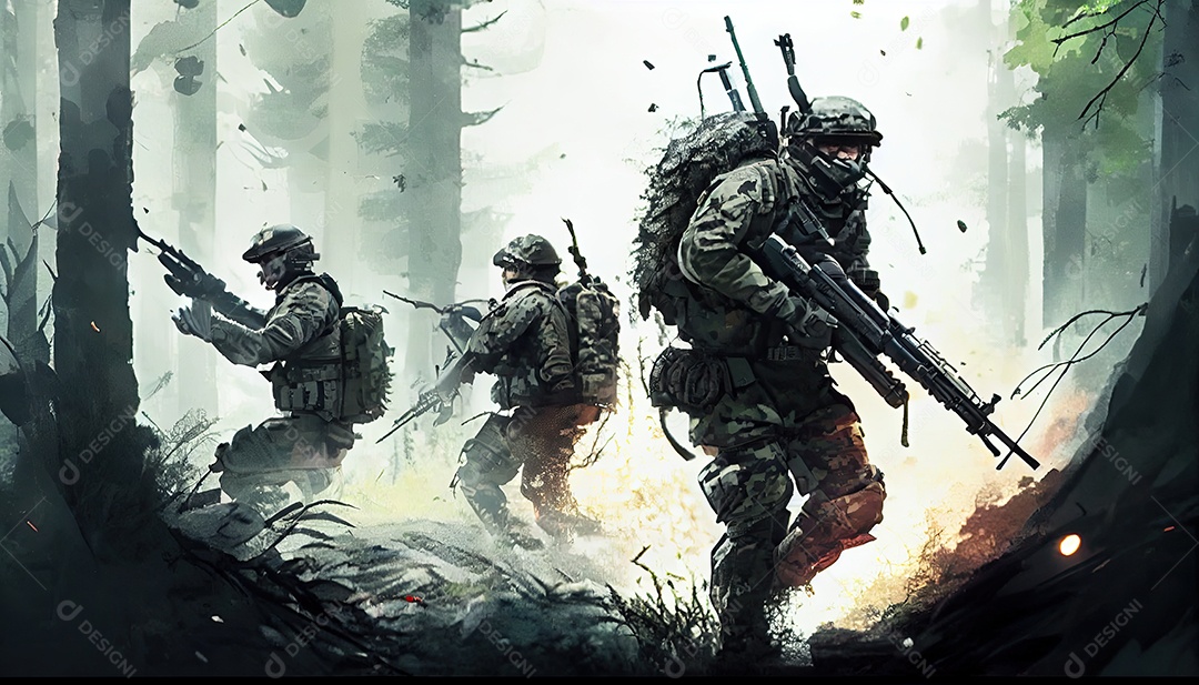 Um grupo de soldados do exército lutando com armas e defendendo seu país na floresta Memorial Dia, lembrando os soldados caídos em todo o mundo