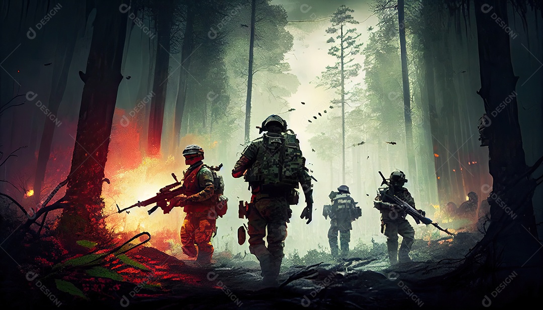 Um grupo de soldados do exército lutando com armas e defendendo seu país na floresta Memorial Dia, lembrando os soldados caídos em todo o mundo